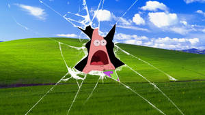 Patrick Star 在綠色田野上穿過破裂的螢幕。