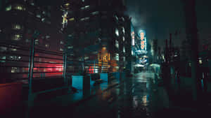 霓虹招牌照亮了夜晚黑暗城市環境中一條潮濕的小巷。 — 夜景城市 壁紙