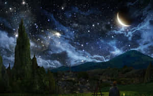 一個人站在田野裡，仰望山間村莊上方的星空。