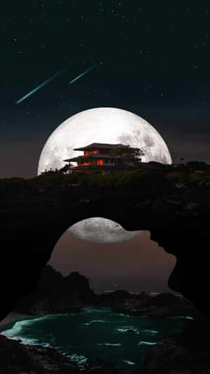 懸崖上發光的房子，巨大的月亮和流星。