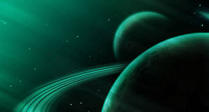 兩顆帶有環的綠色行星在星空場景中。