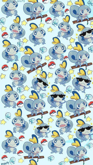 可愛的 Froakie 寶可夢角色戴著太陽眼鏡在棍棒上，配有星星和精靈球。