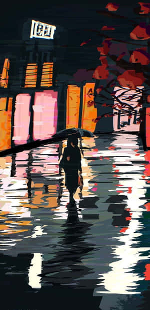 夜晚在發光的城市燈光下撐傘雨中行走的人。