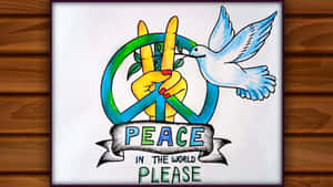 木牆上帶有鴿子和橄欖枝的和平標誌，橫幅上寫著 peace in the world please