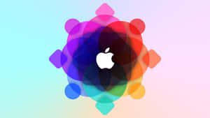 一個以Apple標誌為中心的彩色抽象圖案，帶有重疊的形狀。
