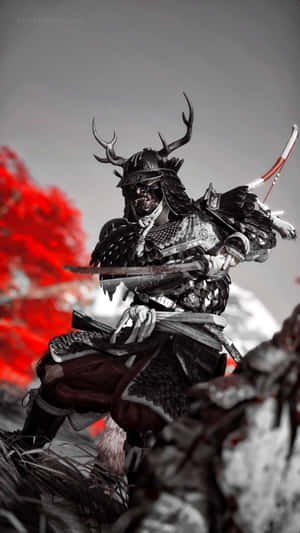身穿黑色盔甲、頭戴鹿角的武士，在紅樹附近手持劍和弓。 — 對馬戰鬼 GIF 壁紙