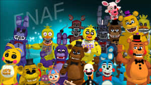 一群 Freddy Fazbear 電子動畫角色為派對照片擺姿勢。