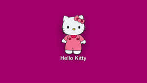Hello Kitty 卡通角色身穿粉紅色服裝，洋紅色背景上有文字。