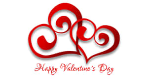 三個風格化的紅色心形，帶有漩渦和「Happy Valentine's Day」文字。