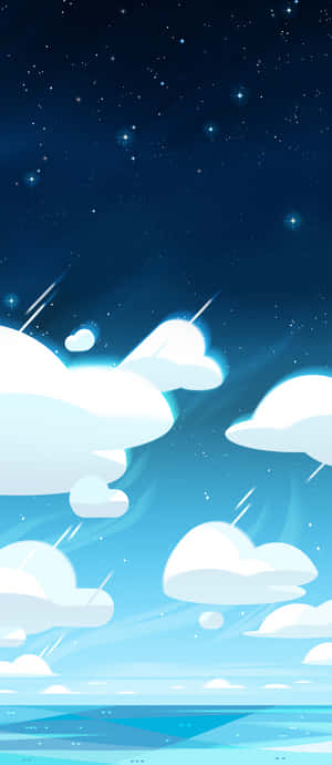 卡通雲朵在星夜下漂浮在海洋上方，伴隨著發光的天體光芒。
