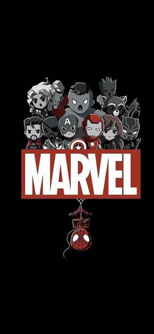 Chibi Marvel角色在紅色標誌後面，下方懸掛著蜘蛛俠面具。