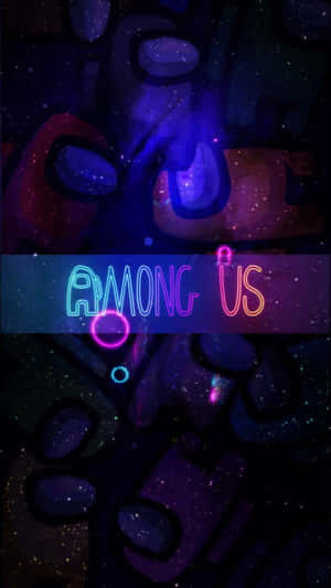 霓虹燈 Among Us 標題，背景是繁星點點的宇宙和抽象形狀。