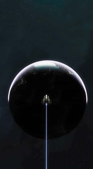 太空船向太空中的大行星發射藍色光束。