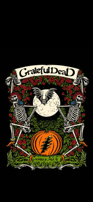 Grateful Dead萬聖節海報，上有骷髏、蝙蝠、南瓜和玫瑰。