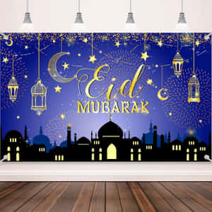 Eid Mubarak慶祝背景，懸掛燈籠和清真寺輪廓，星空下。