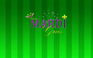 在綠色條紋背景上，帶有皇冠和鳶尾花的快樂Mardi Gras文字