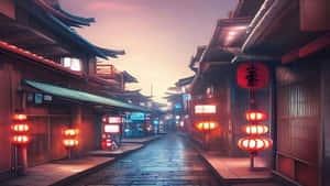 一條寧靜的日本街道在黃昏時分，被發光的紅色燈籠和霓虹燈照亮。