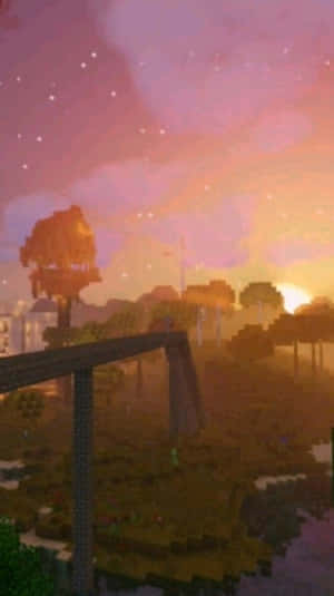 日落時森林上方的Minecraft橋樑，天空中有星星。