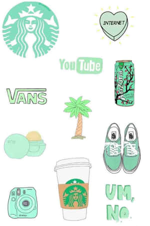 薄荷綠色插圖圖標，包括星巴克、Vans、棕櫚樹和互聯網符號。