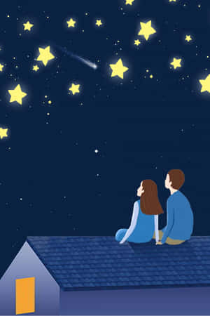 情侶在屋頂上觀看星星和流星（夜晚）