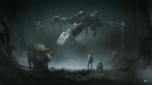 尤達和一個機械人在霧氣瀰漫的洞穴中仰望一架墜毀的X-Wing。 — 星際大戰 壁紙