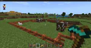 Minecraft玩家在長滿草的農場裡，靠近圍欄內的牛隻，手持鑽石斧。 — 牛 壁紙