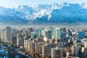 在明亮藍天下，以雪山為背景的城市天際線。 — 天際線 壁紙