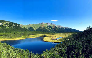 在明亮藍天下，密林與崎嶇山峰環繞的平靜山湖。 — 河景 壁紙
