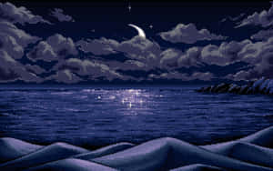 像素化夜間海洋，月亮和星星在烏雲下的水面上反射。