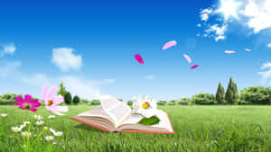 草地上打開的書，花瓣在晴朗的天空下飄浮