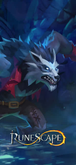 一隻帶有發光眼睛的威脅性狼在RuneScape遊戲場景中於水下猛撲。 — OnePlus Ace 壁紙