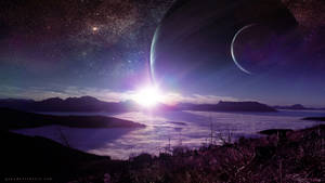 外星山脈俯瞰雲海，太陽在巨型行星和星星下升起。
