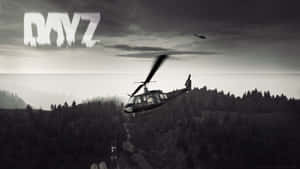 直升機飛越森林，天空有DAYZ文字