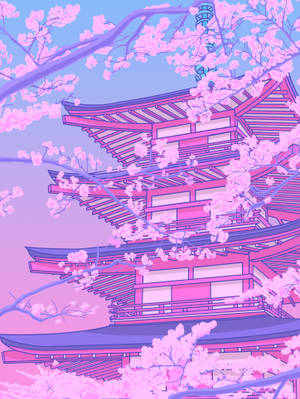 薰衣草色天空下，櫻花環繞的粉紅色寶塔。 — 粉彩粉紅色 壁紙