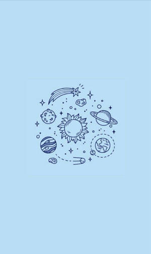 藍色背景上以極簡線條藝術描繪的天體，包括太陽、行星和彗星 — 藝術 壁紙