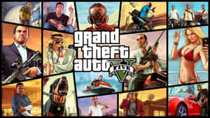 Grand Theft Auto V 遊戲封面拼貼畫，展示主要角色和場景。