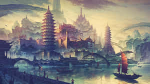古老的亞洲奇幻城市，在日落時分有寶塔和船隻在霧氣瀰漫的河流上。