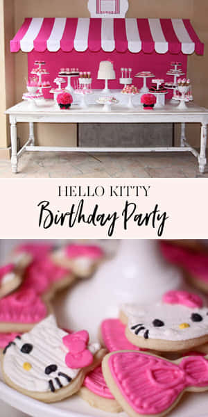 Hello Kitty生日派對，配有粉紅色餅乾和甜品桌。 — Hello kitty 美學 GIF 壁紙