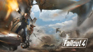 避難所居民和狗在Fallout 4廢土中與飛行無人機戰鬥。
