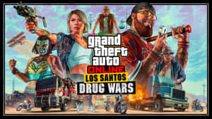 GTA Online Los Santos Drug Wars宣傳藝術，包含角色和車輛在沙漠混亂中。