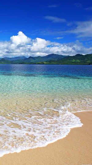 熱帶海灘，碧綠的海水和白色的泡沫在藍天下滾上金色沙灘。