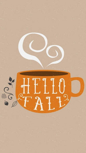 橙色咖啡杯，上面有 'Hello Fall' 文字和秋葉，背景是米色。