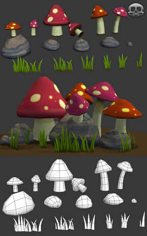 帶有線框模型和草地紋理的 3D 蘑菇遊戲資產。 — Nubia Flip2 壁紙