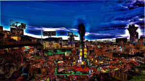 一個充滿活力的數碼藝術夜景城市景觀，帶有霓虹燈和從工業塔樓升起的煙霧。 — 16:9 壁紙