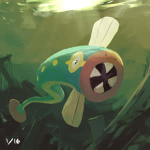 一條綠色卡通魚，長著螺旋槳嘴巴，在水下綠色植物間游動。 — 水下 壁紙