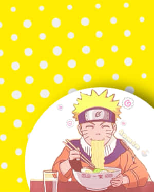 動漫男仔喺黃色圓點背景上用筷子食拉麵。 — 火影忍者 壁紙