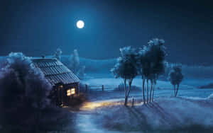 在滿月下，雪夜中一間燈火溫暖的小屋。 — 月色夜空 壁紙