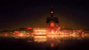 在漆黑的夜空下，發光的鐘樓和霓虹建築物映照在霧氣瀰漫的水面上。 — 靚靚動畫 壁紙