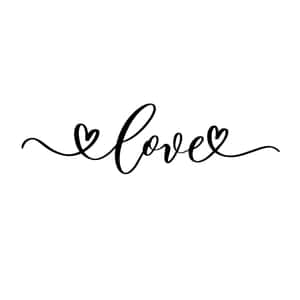 在白色背景上以流暢的黑色草書字體書寫的「love」一詞，帶有心形點綴。 — iPad Pro 壁紙