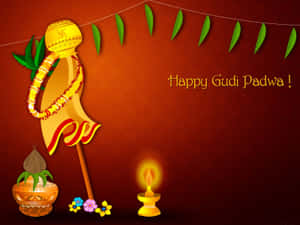 節日Gudi Padwa問候，金色旗幟、點燃的迪亞燈和紅色背景上的花朵。 — 新年快樂 GIF 壁紙